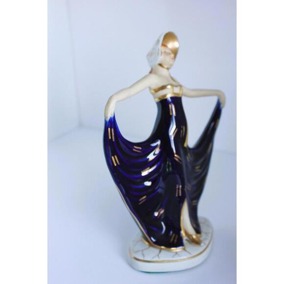 Art Deco Moriyama Dancing Lady Figure Bonnet Cobalt Blue Porcelain Hinode Japan - Picture 13 of 15